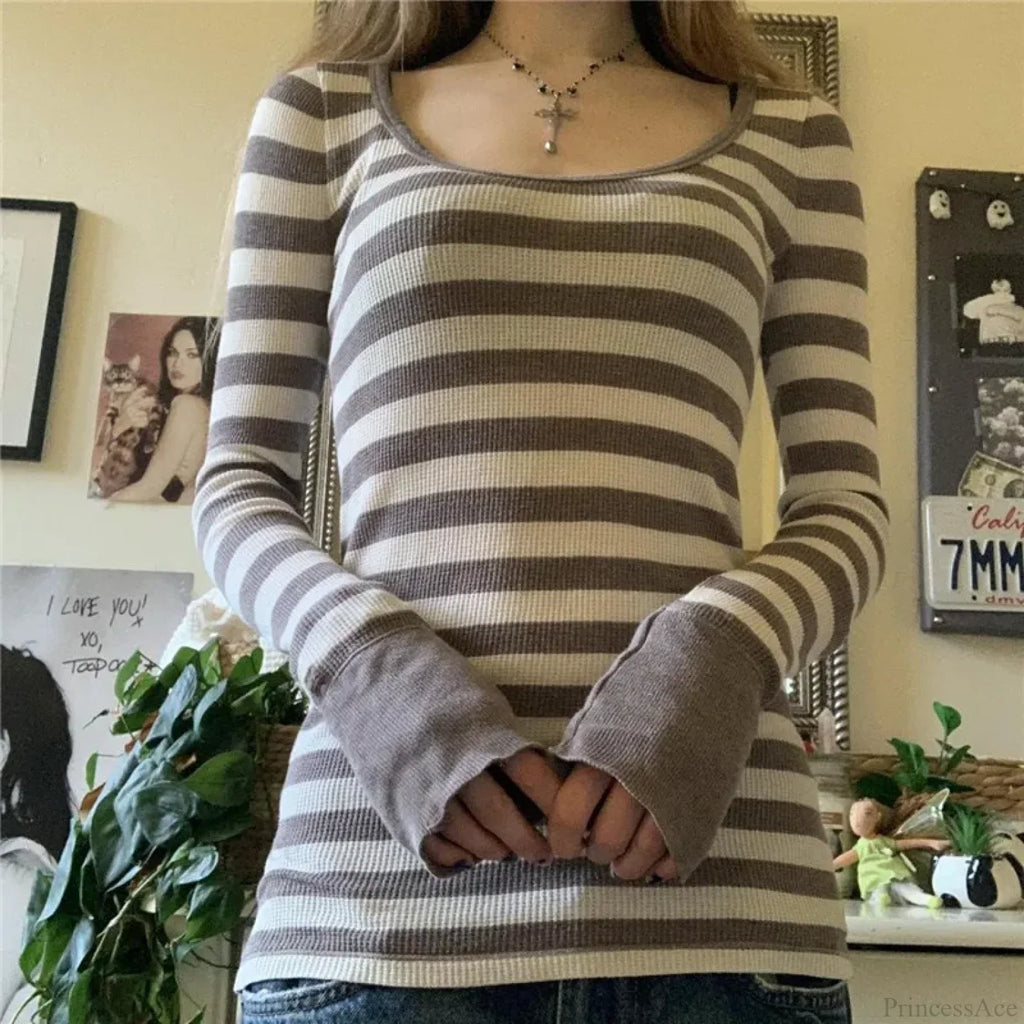 Y2K Grunge Striped Crew Neck Fall Slim Fit Knit Top image 7