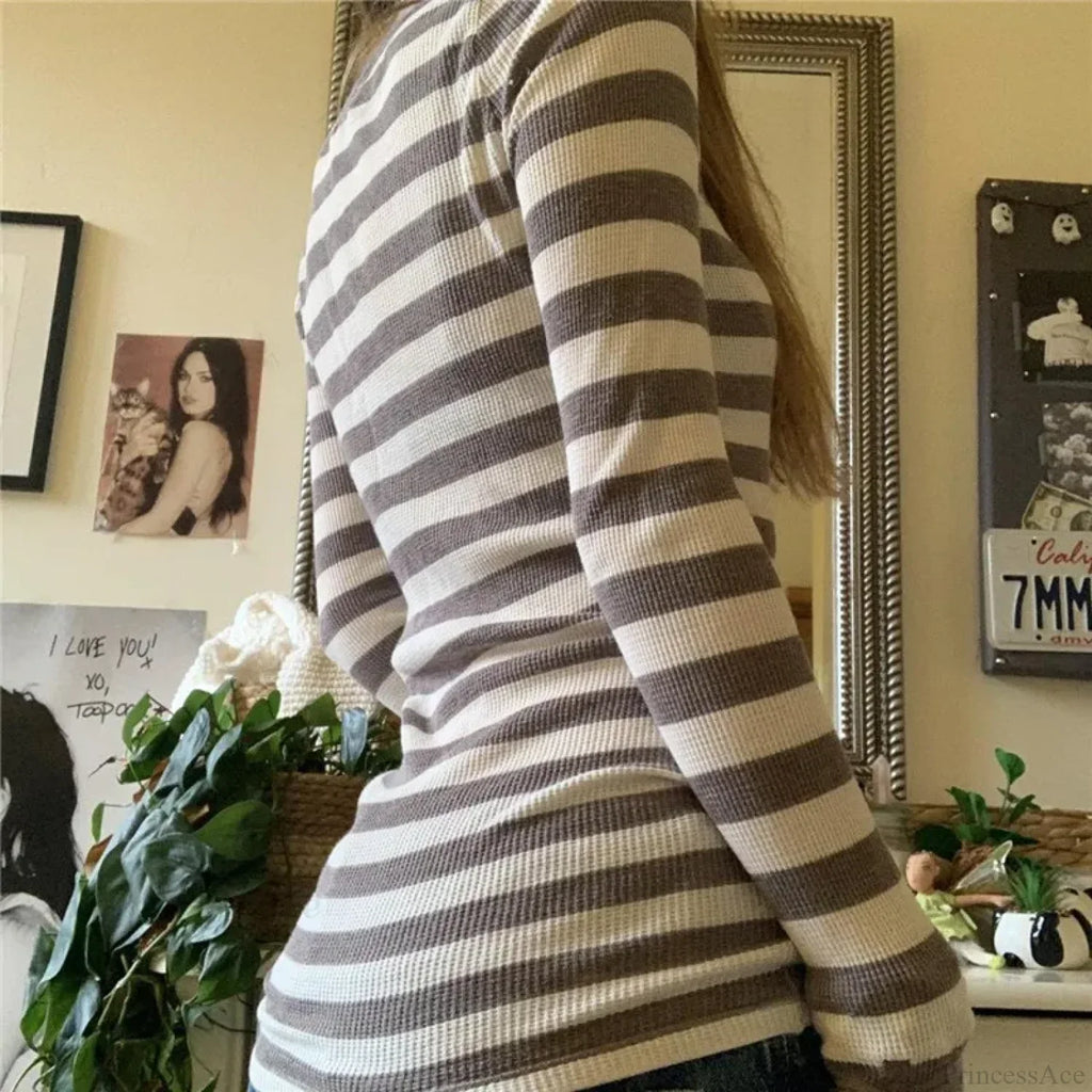 Y2K Grunge Striped Crew Neck Fall Slim Fit Knit Top image 3