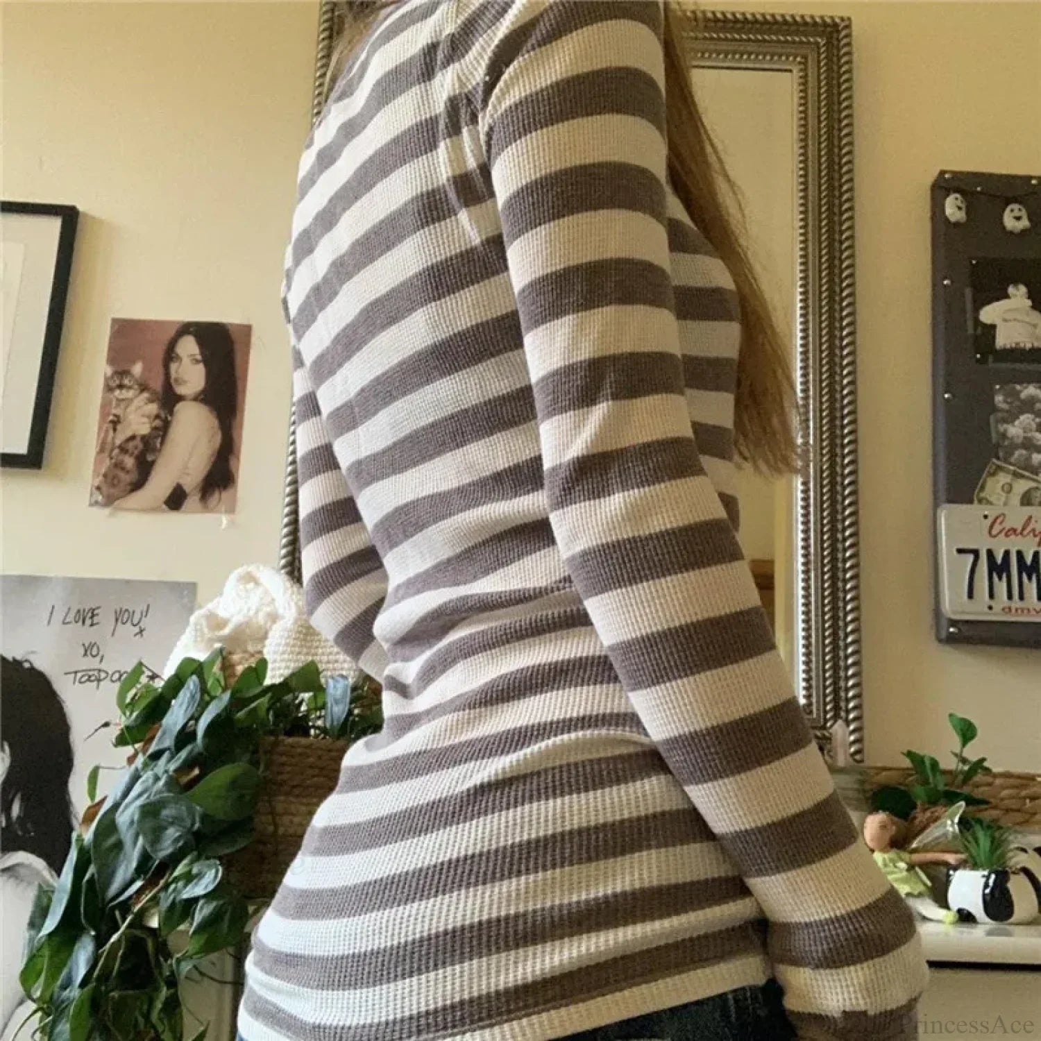 Y2K Grunge Striped Crew Neck Fall Slim Fit Knit Top image 3