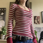 Y2K Grunge Striped Crew Neck Fall Slim Fit Knit Top image 5