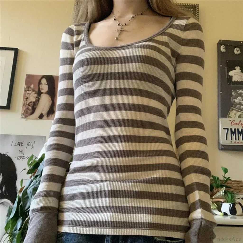 Y2K Grunge Striped Crew Neck Fall Slim Fit Knit Top image 1