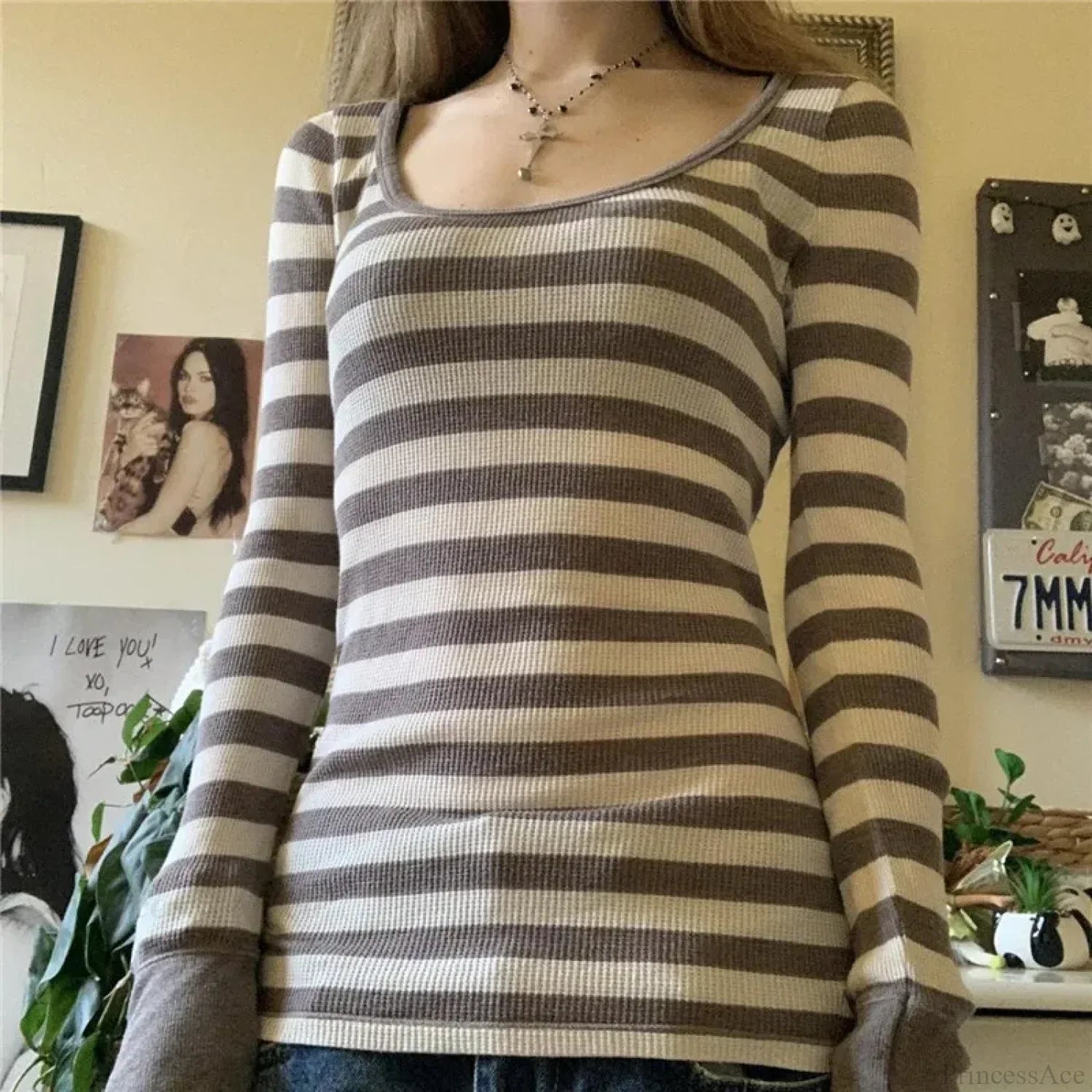 Y2K Grunge Striped Crew Neck Fall Slim Fit Knit Top image 1