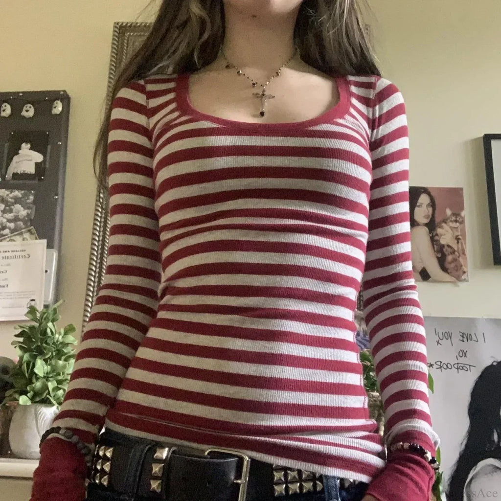 Y2K Grunge Striped Crew Neck Fall Slim Fit Knit Top image 4