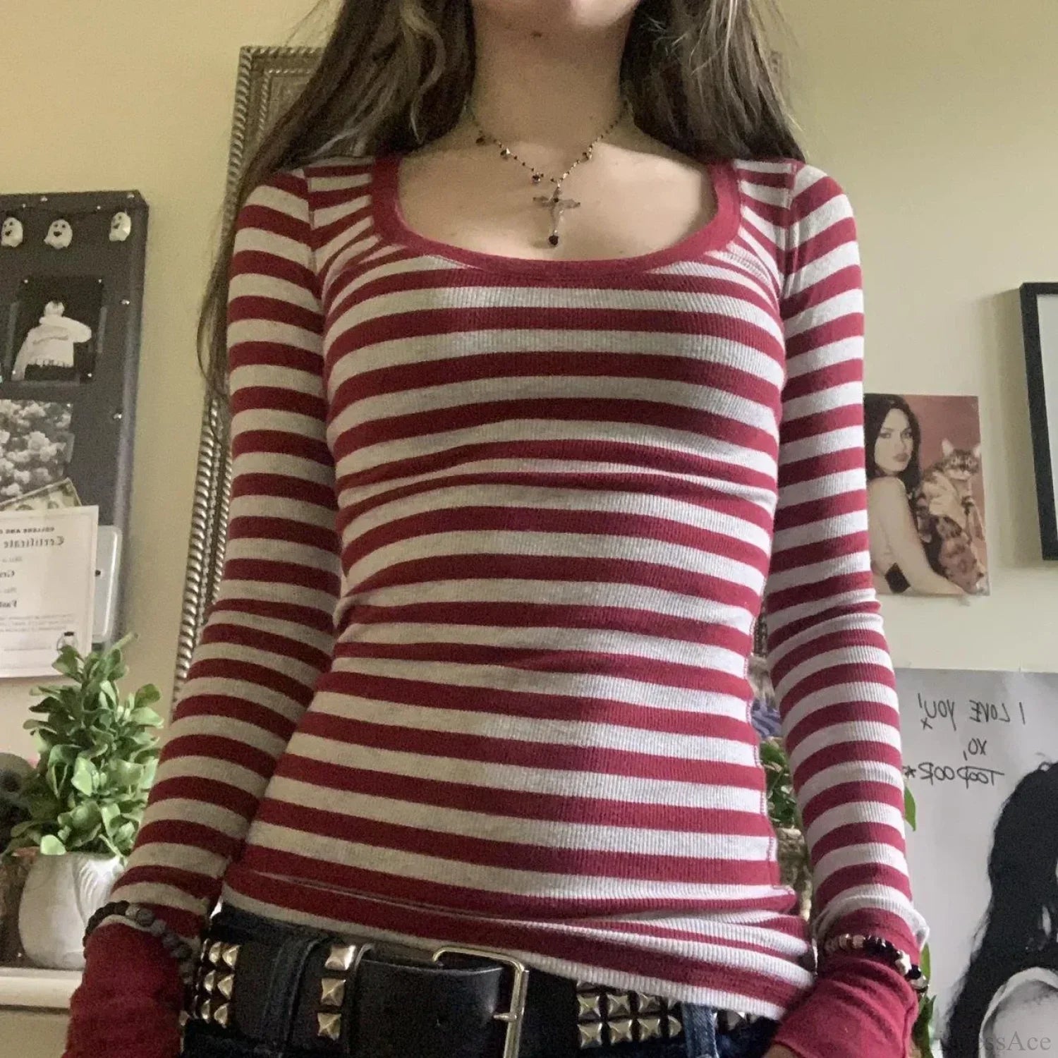 Y2K Grunge Striped Crew Neck Fall Slim Fit Knit Top image 4