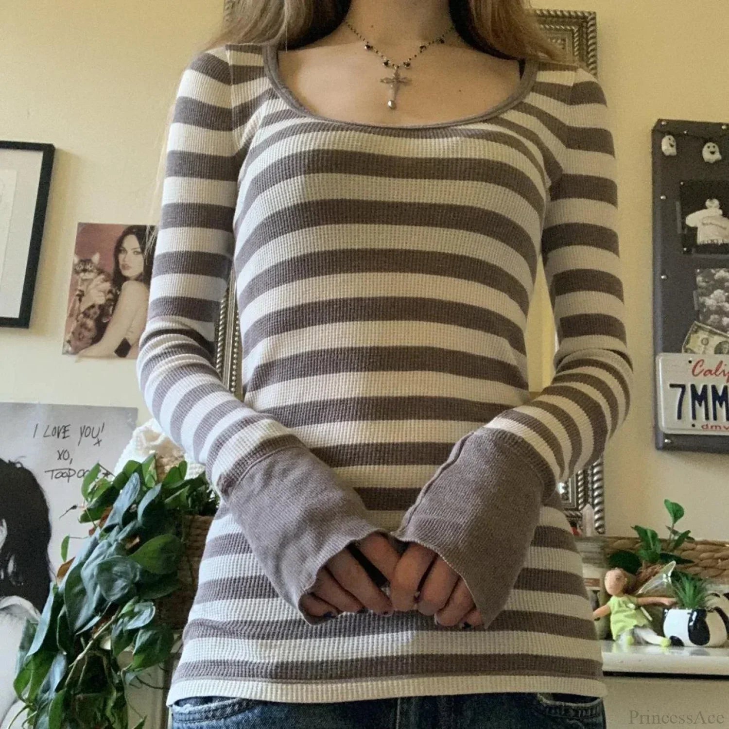Y2K Grunge Striped Crew Neck Fall Slim Fit Knit Top image 2