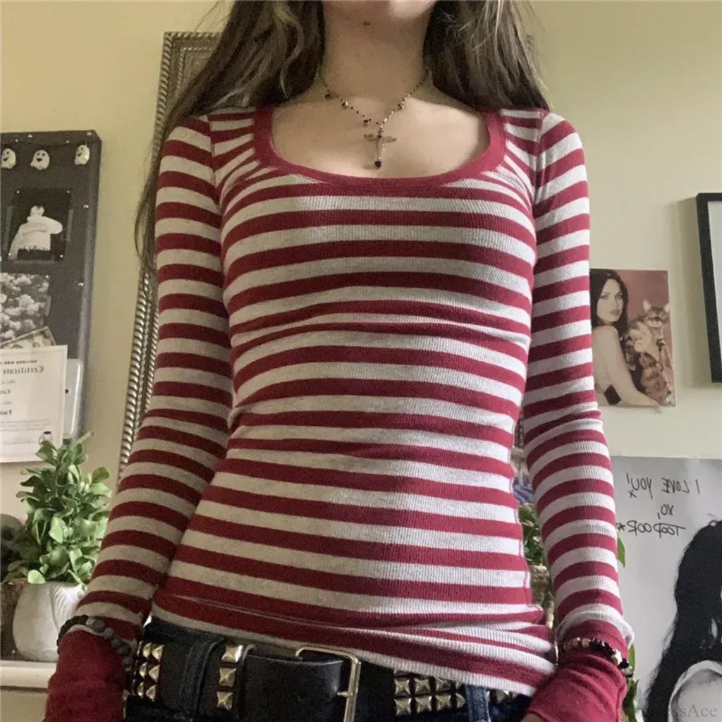 Y2K Grunge Striped Crew Neck Fall Slim Fit Knit Top image 8