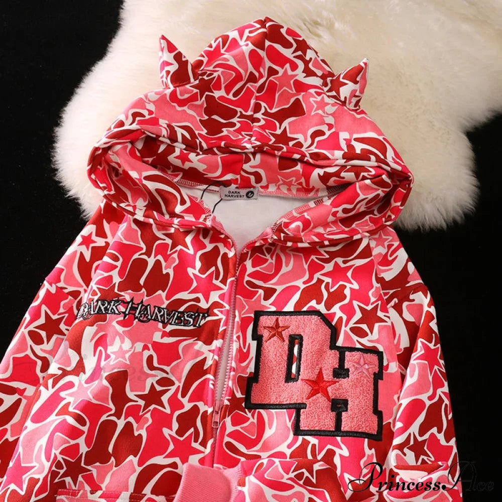 Y2k Hoodie Demon Streetwear Camouflage Up Embroidery Oversized Harajuku Zip Women image 6