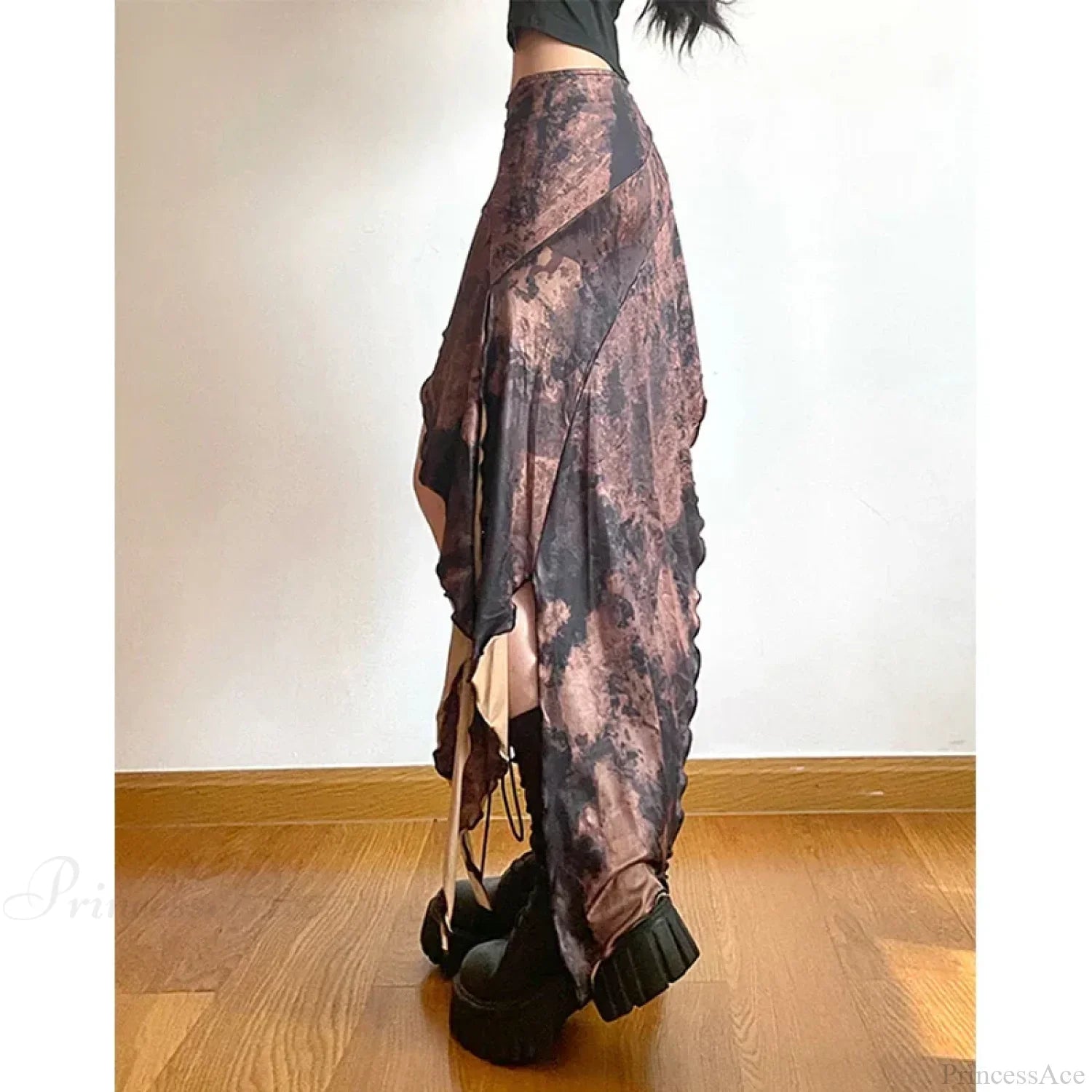 Y2K Irregular Midi Skirt Vintage Boho Ruffles Print Skirt image 4