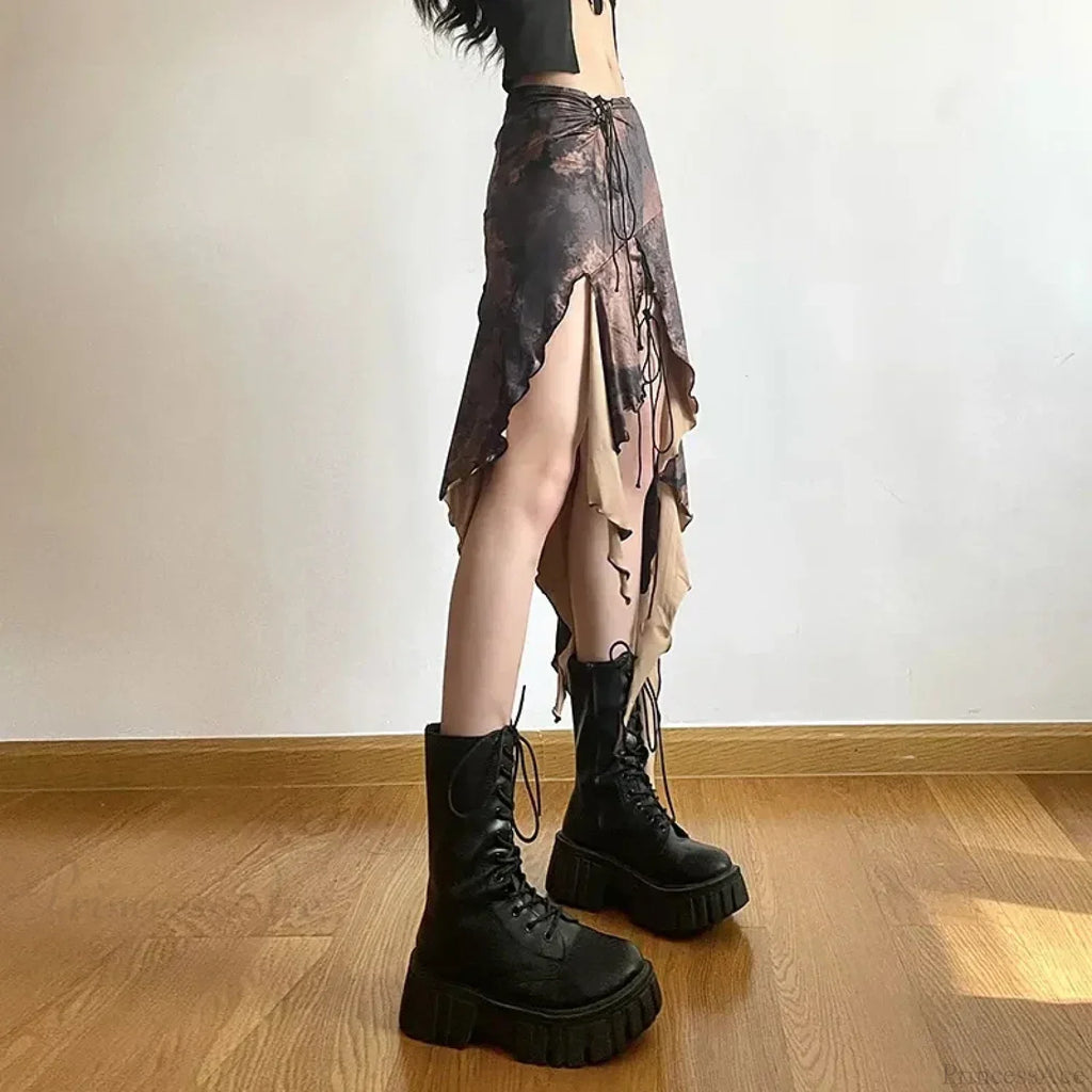 Y2K Irregular Midi Skirt Vintage Boho Ruffles Print Skirt image 3