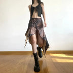 Y2K Irregular Midi Skirt Vintage Boho Ruffles Print Skirt image 2