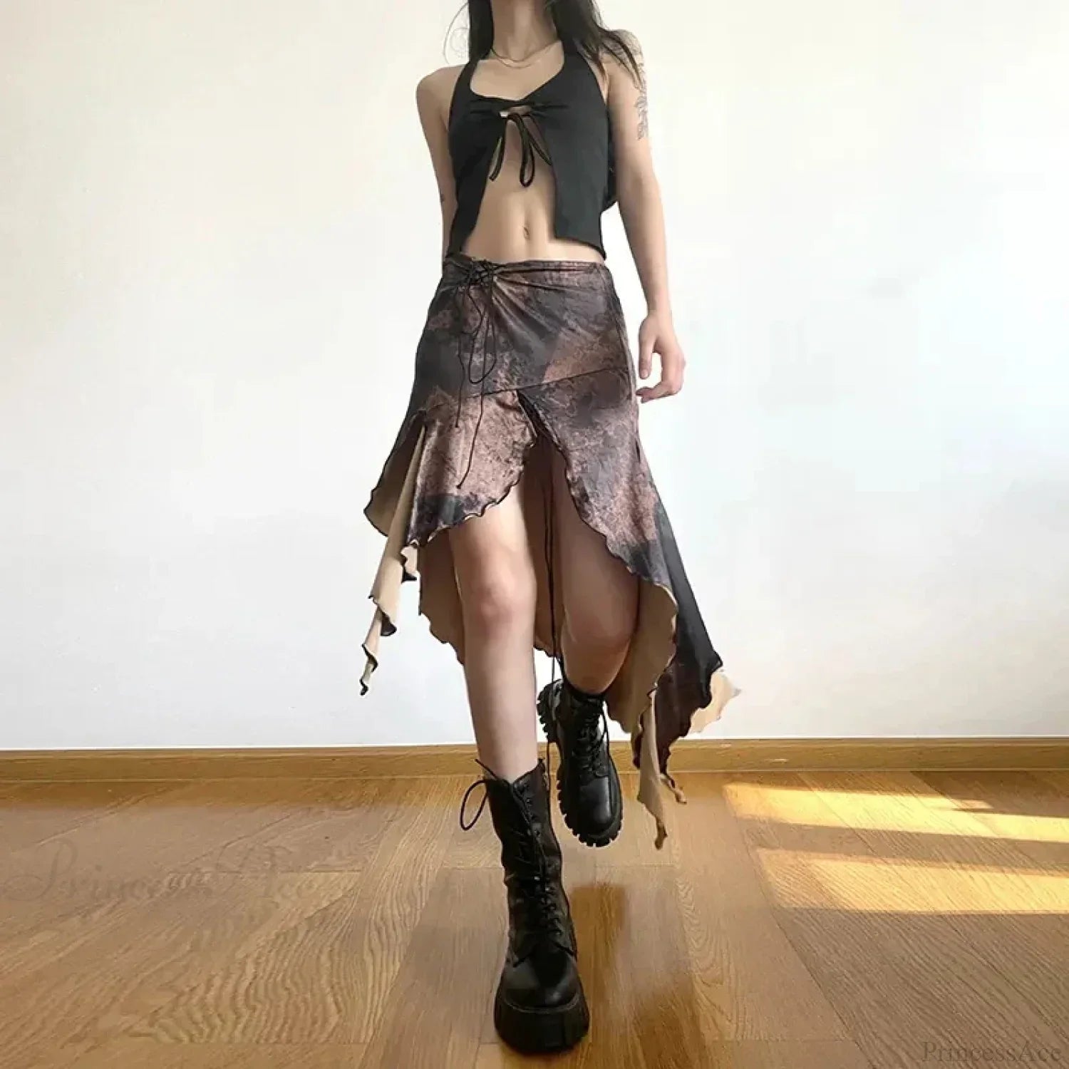 Y2K Irregular Midi Skirt Vintage Boho Ruffles Print Skirt image 2