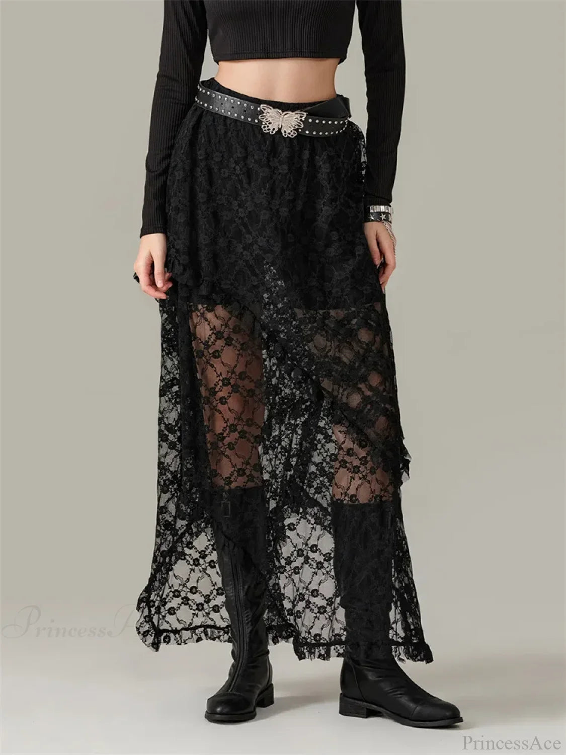 Y2K Lace Mesh See Through High Waist Asymmetrical Skirt image 1