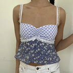 Y2K Lace Trim Plaid Floral Sleeveless Crop Top image 2