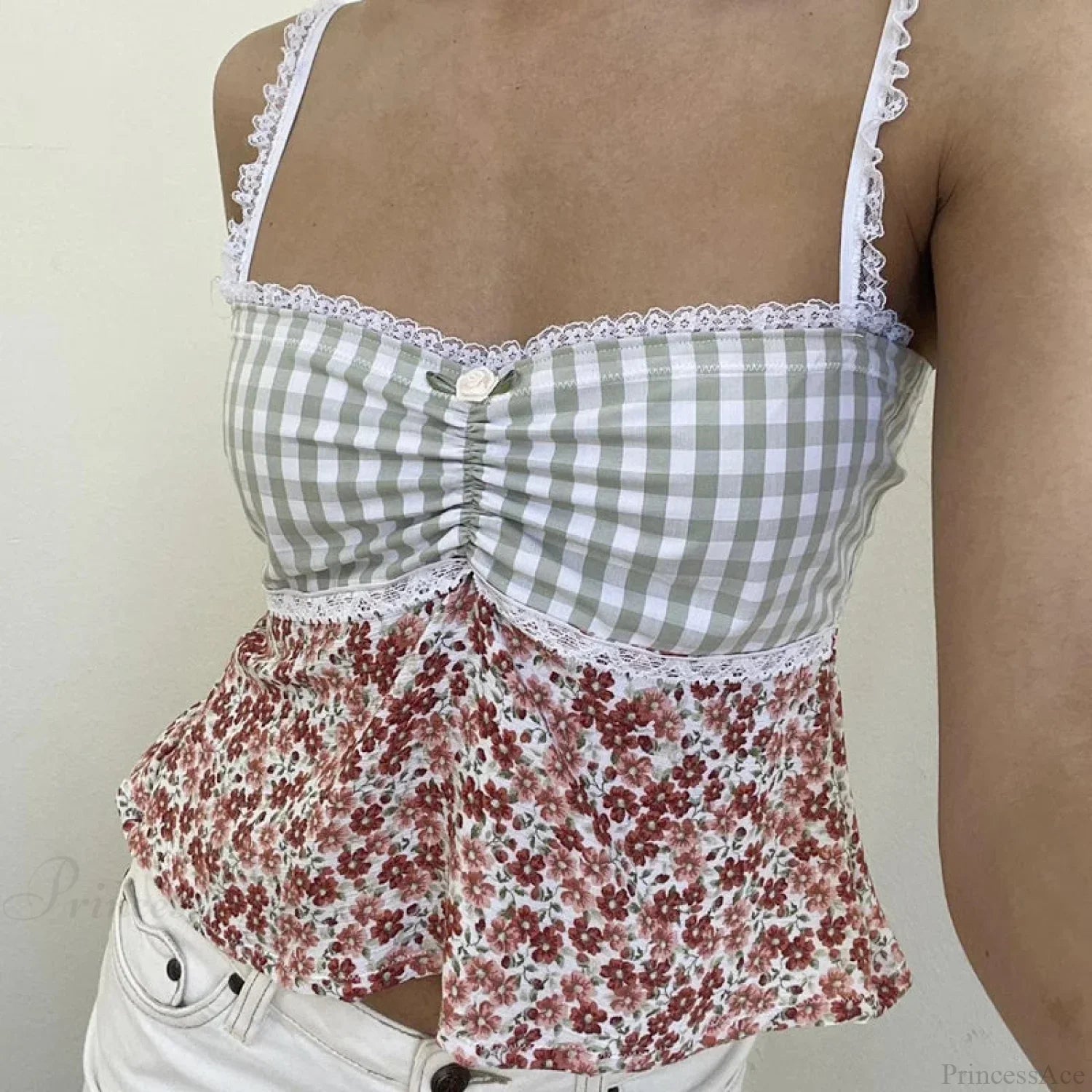 Y2K Lace Trim Plaid Floral Sleeveless Crop Top image 4