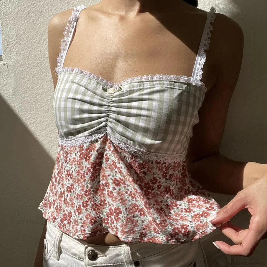 Y2K Lace Trim Plaid Floral Sleeveless Crop Top image 3