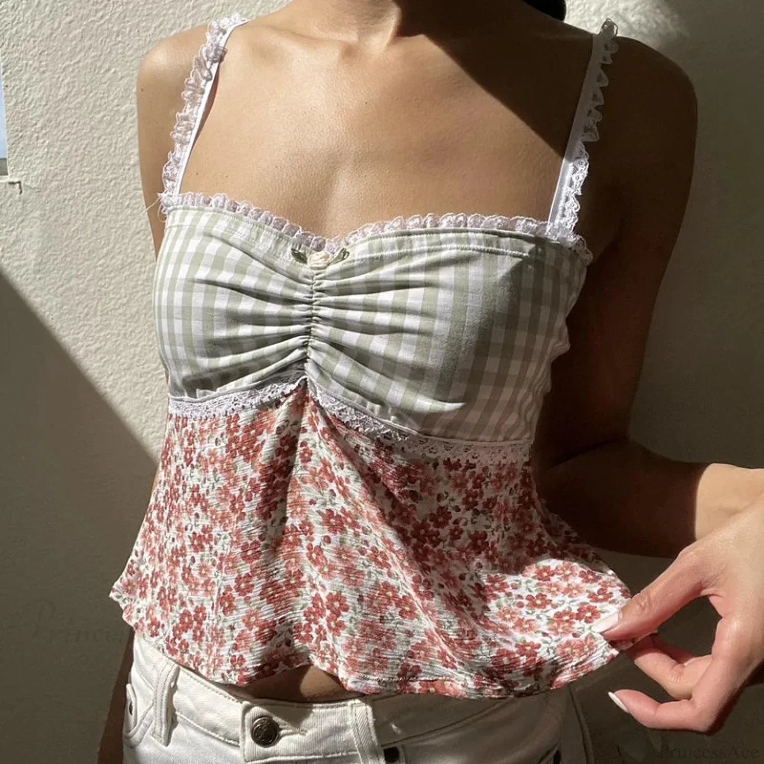 Y2K Lace Trim Plaid Floral Sleeveless Crop Top image 3