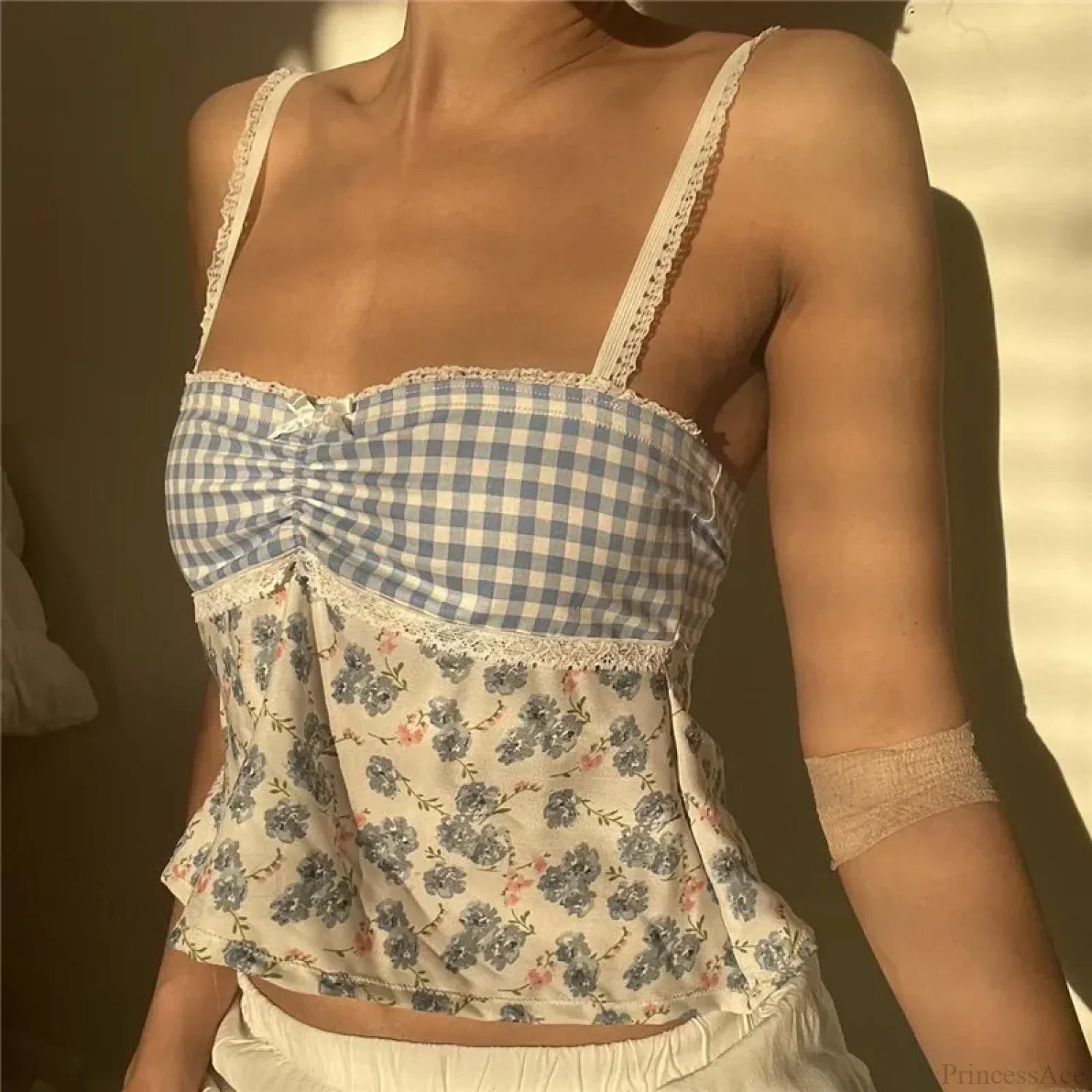 Y2K Lace Trim Plaid Floral Sleeveless Crop Top image 5