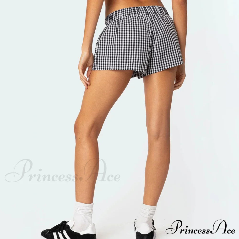 Y2K Lounge Soft Elastic Low Waist Plaid Print Button Front Pajama Bottoms Short image 6