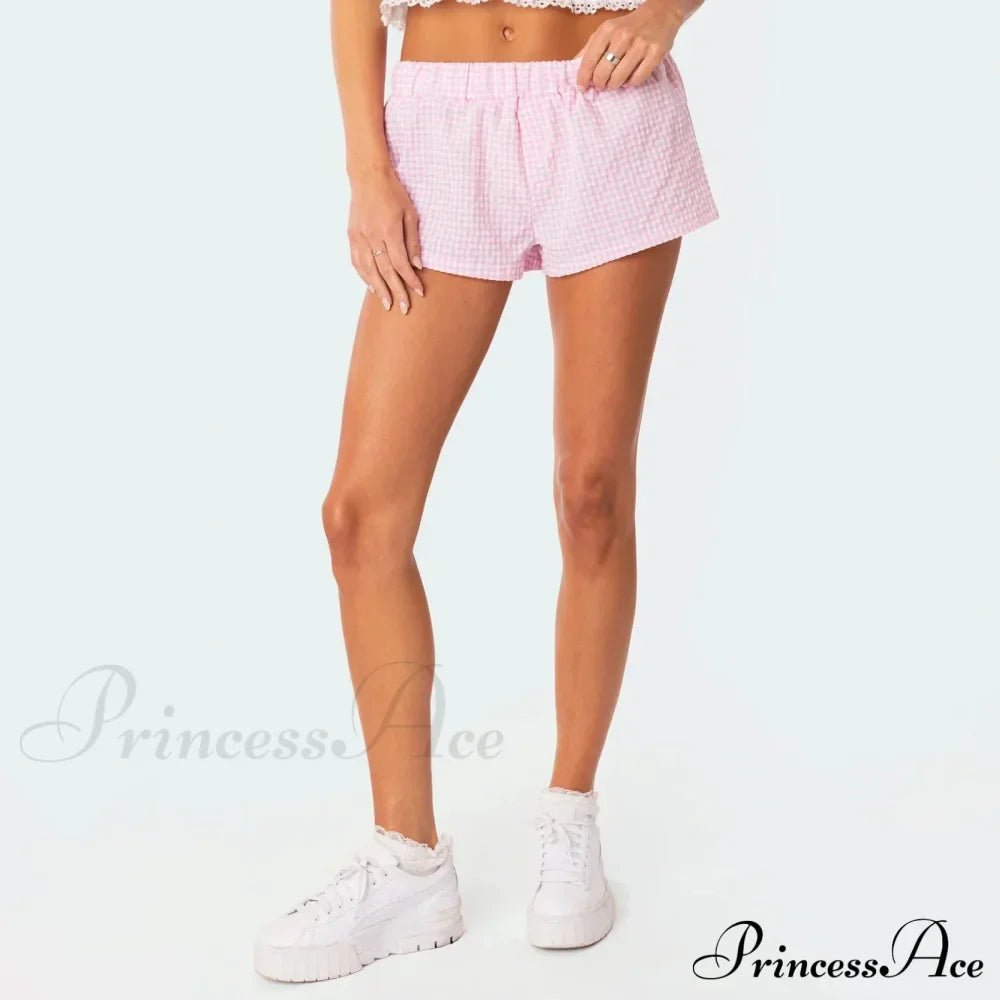Y2K Lounge Soft Elastic Low Waist Plaid Print Button Front Pajama Bottoms Short image 3