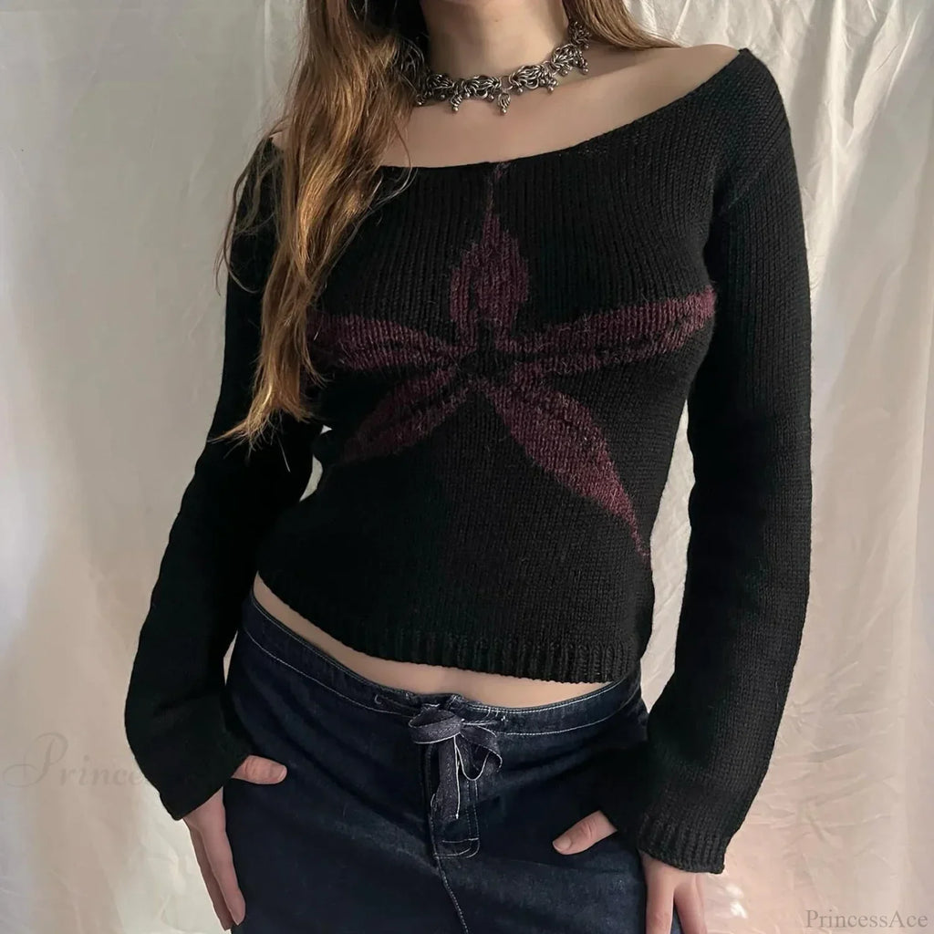 Y2K Off Shoulder Bow Graphic Pullover Knit Top image 4