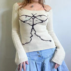 Y2K Off Shoulder Bow Graphic Pullover Knit Top image 5