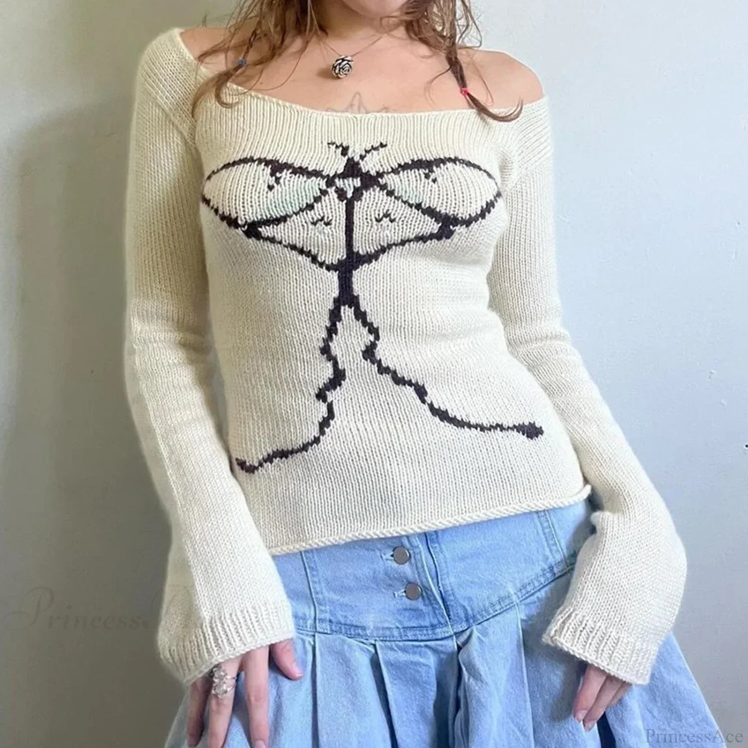 Y2K Off Shoulder Bow Graphic Pullover Knit Top image 5