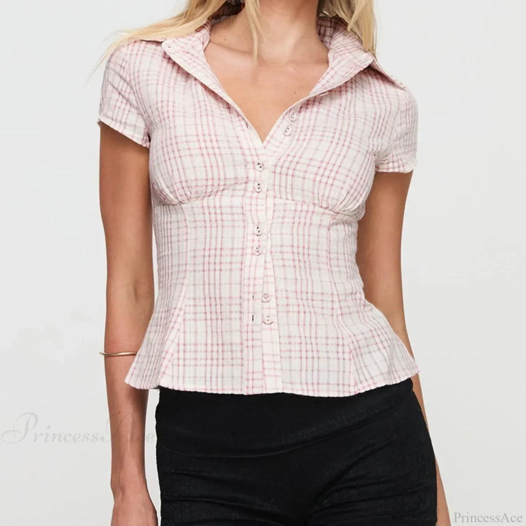 Y2K Plaid Button Down Short Sleeve Blouse image 6