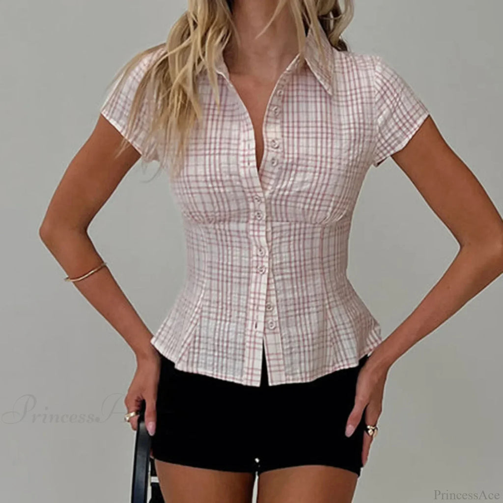 Y2K Plaid Button Down Short Sleeve Blouse image 5
