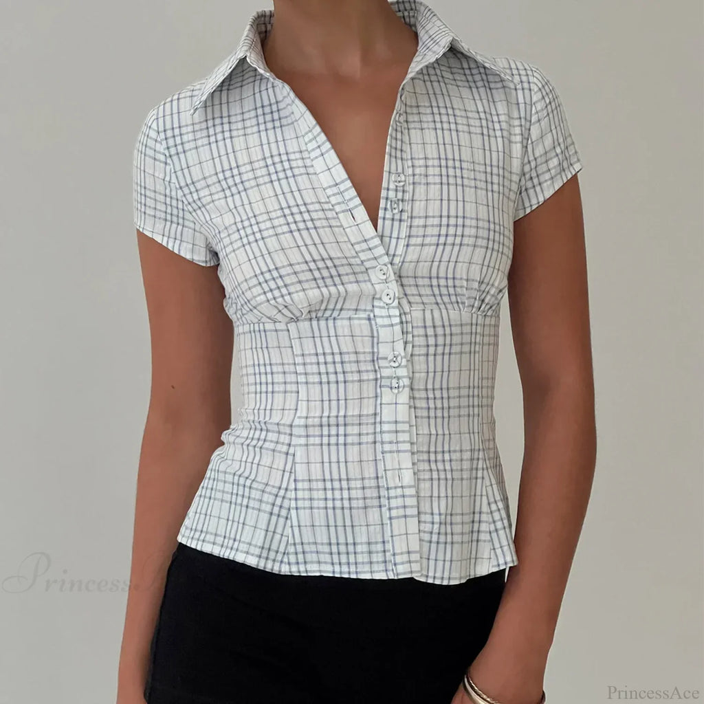 Y2K Plaid Button Down Short Sleeve Blouse image 7