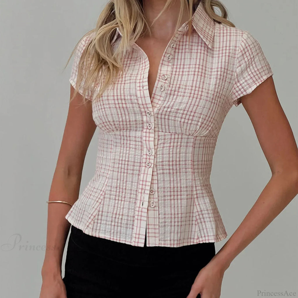 Y2K Plaid Button Down Short Sleeve Blouse image 4