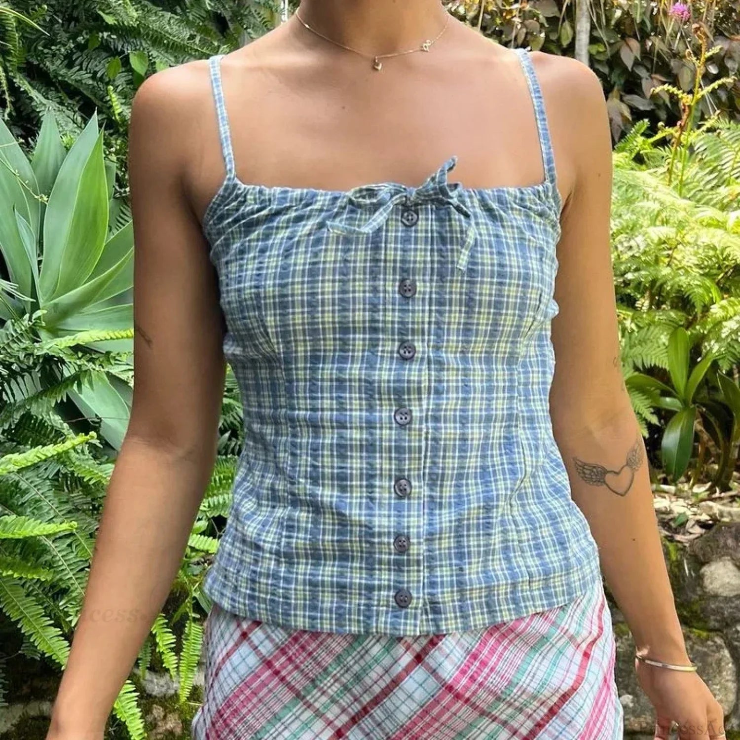 Y2K Plaid Print Sleeveless 00s Aesthetic Front Button Retro Backless Slim Fit Crop Top image 4