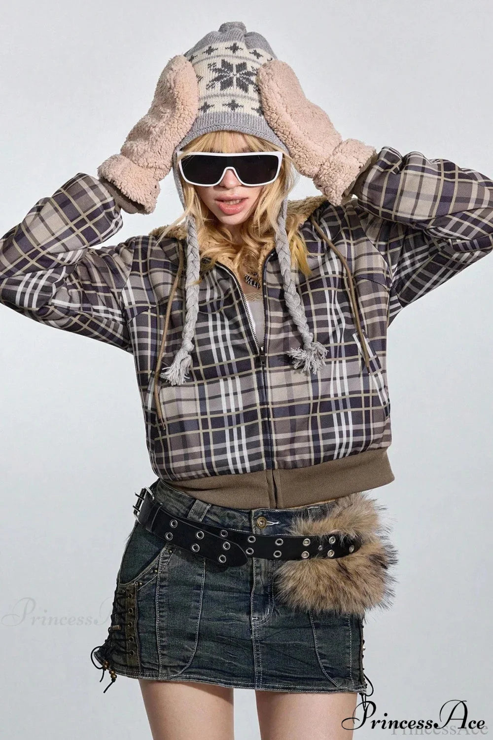 Y2K Plaid Sherpa Fleece Hoodie image 5