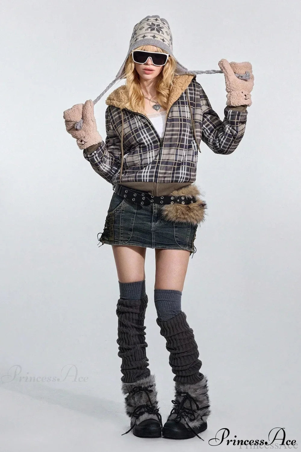 Y2K Plaid Sherpa Fleece Hoodie image 2