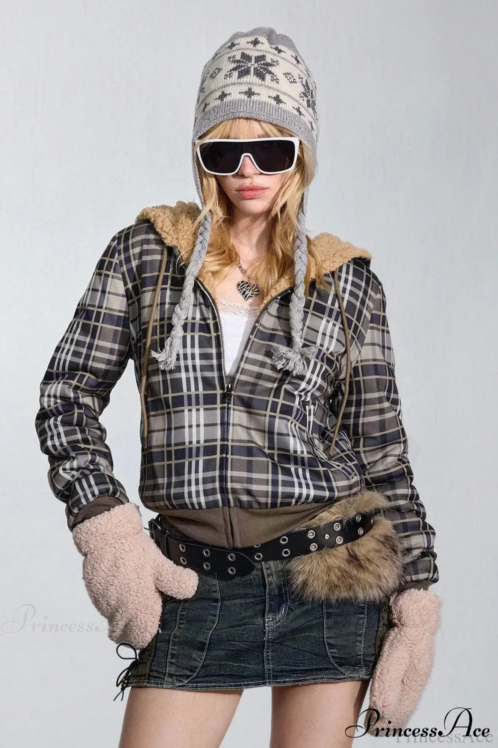 Y2K Plaid Sherpa Fleece Hoodie image 1