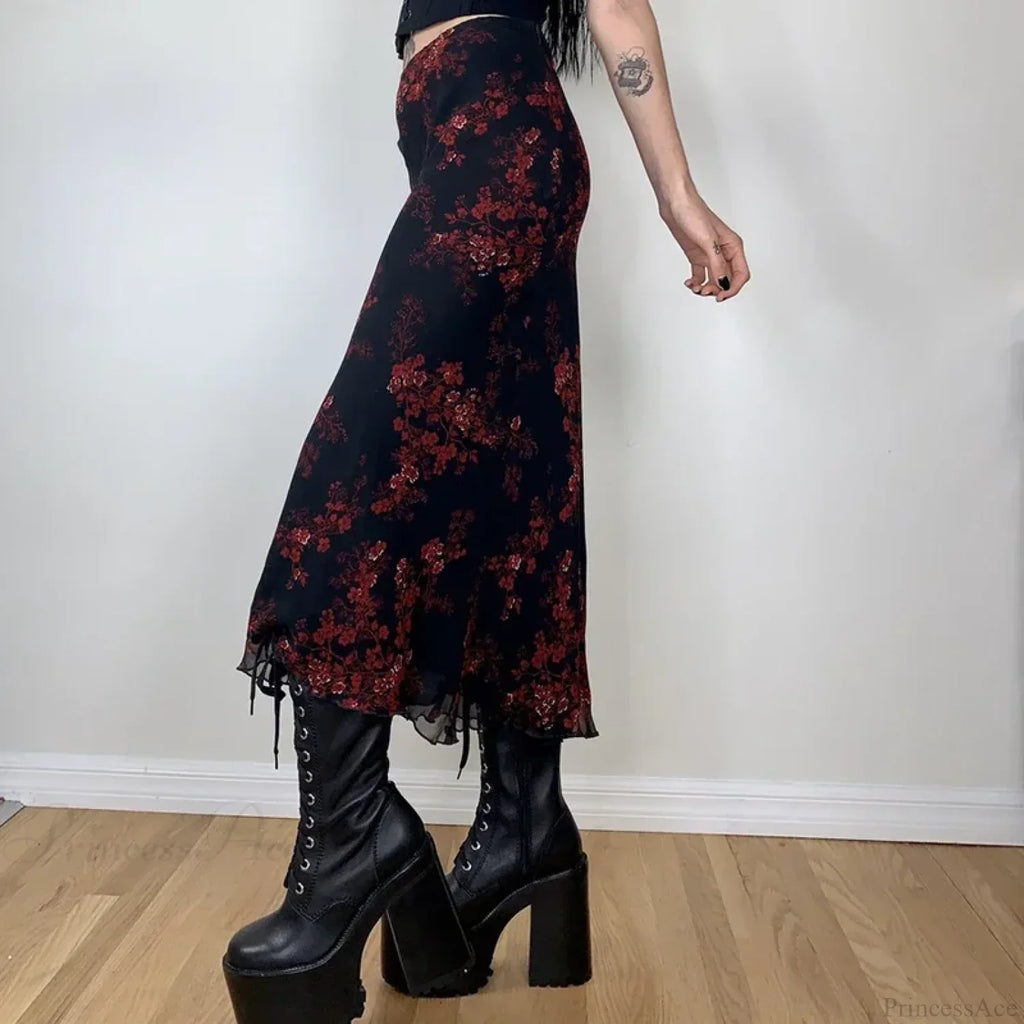 Y2K Retro Floral Printed High Waist Ruffled Women's Long Skirt image 2