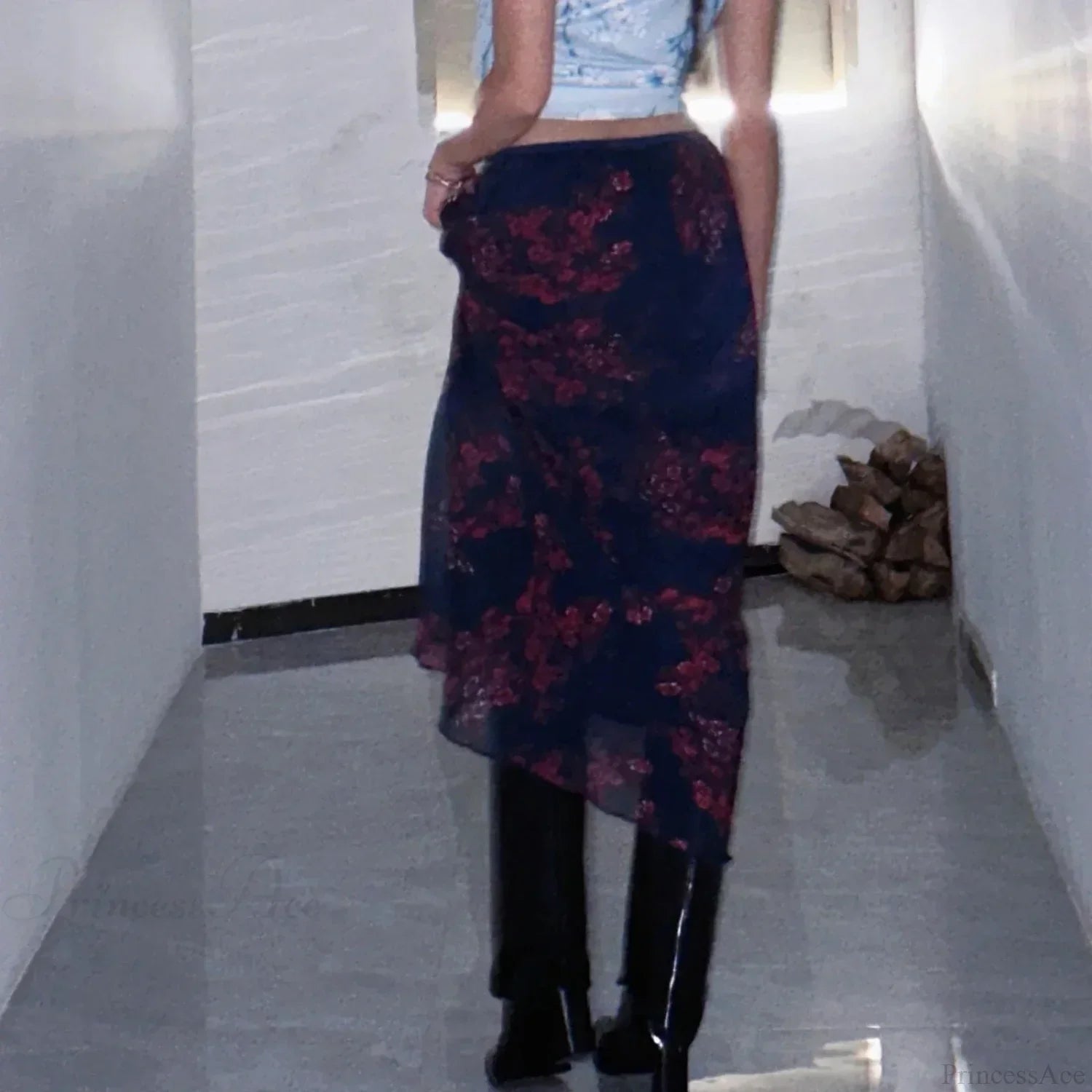 Y2K Retro Floral Printed High Waist Ruffled Women's Long Skirt image 5