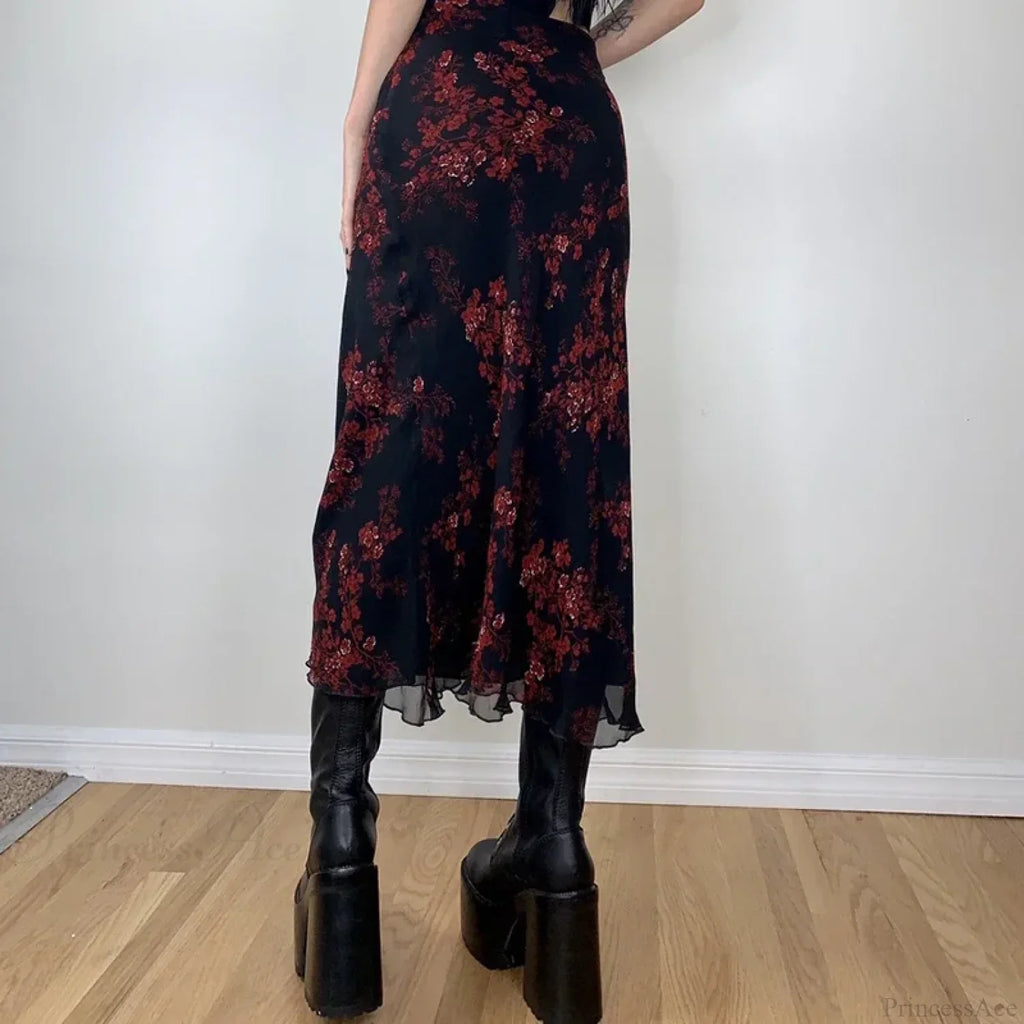 Y2K Retro Floral Printed High Waist Ruffled Women's Long Skirt image 3