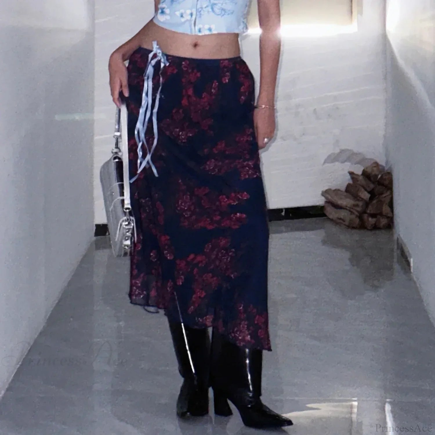 Y2K Retro Floral Printed High Waist Ruffled Women's Long Skirt image 4
