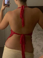 Y2K Retro Lace Sheer Mesh Backless Bandage Halter Crop Top image 2