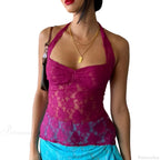 Y2K Retro Lace Sheer Mesh Backless Bandage Halter Crop Top image 9