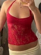Y2K Retro Lace Sheer Mesh Backless Bandage Halter Crop Top image 1