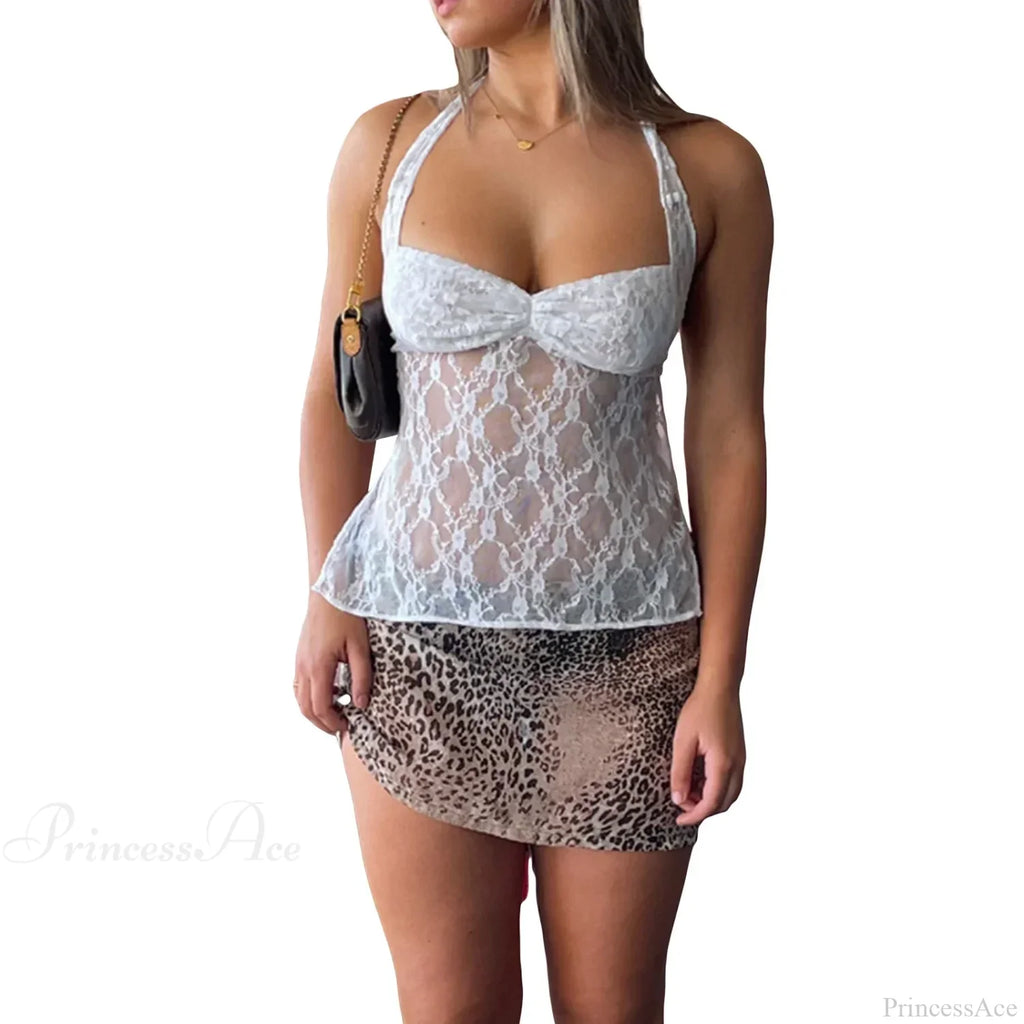 Y2K Retro Lace Sheer Mesh Backless Bandage Halter Crop Top image 7