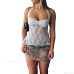 Y2K Retro Lace Sheer Mesh Backless Bandage Halter Crop Top image 7