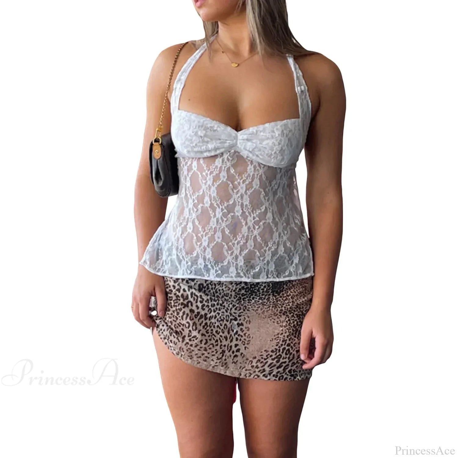 Y2K Retro Lace Sheer Mesh Backless Bandage Halter Crop Top image 7
