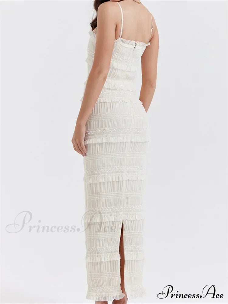 Y2K Ruched Sleeveless Strap Sling for Women Ruffles Square Neck Low Cut Back Split Female Vestidos image 5