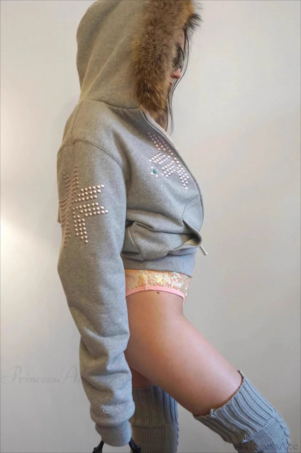 Y2K Sherpa Collar Rhinestone Zip-Front Waist-Cinched Hoodie image 3