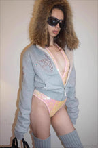Y2K Sherpa Collar Rhinestone Zip-Front Waist-Cinched Hoodie image 2