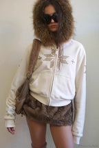 Y2K Sherpa Collar Rhinestone Zip-Front Waist-Cinched Hoodie image 1