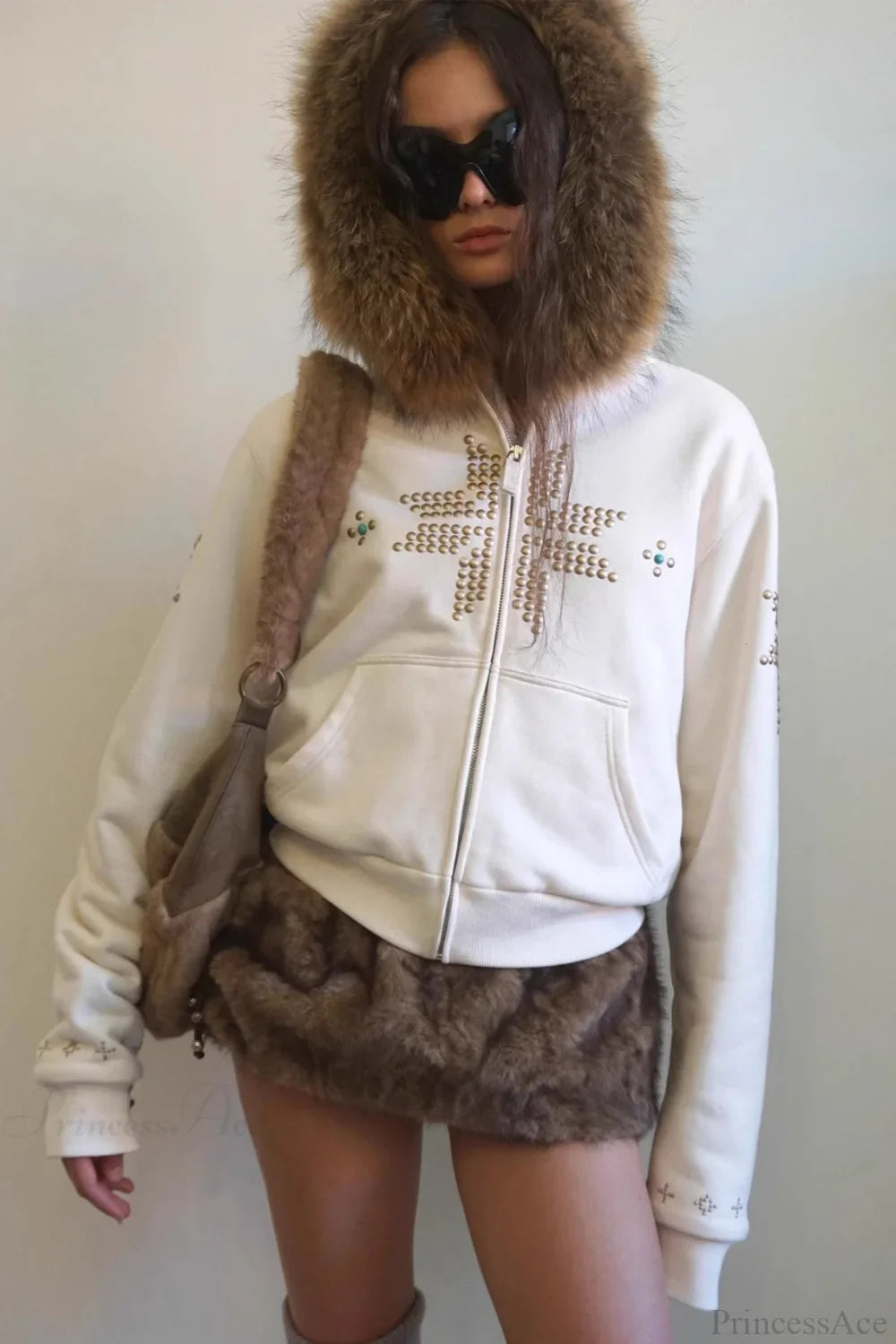 Y2K Sherpa Collar Rhinestone Zip-Front Waist-Cinched Hoodie image 1