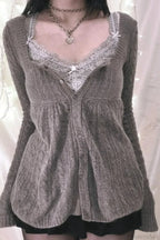 Y2K Sweet Square Neck Cable Knit Button Blouse image 2